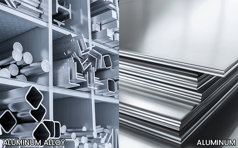 Industrial aluminum alloy profiles next to flat aluminum sheets.